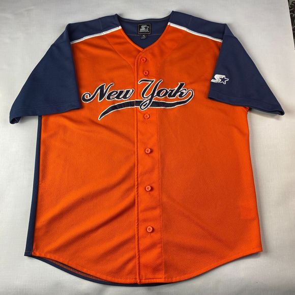 NEW YORK KNICKS Baseball JERSEY! Starter Embroidered Script Orange Blue Sz XL - Picture 1 of 16